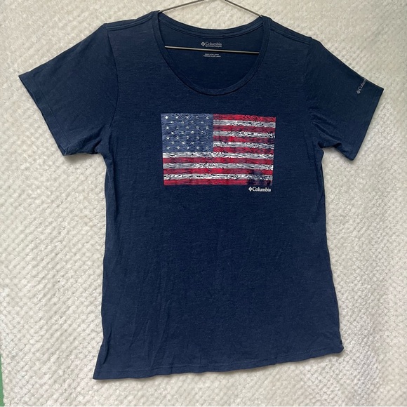 Columbia Tops - Columbia Womens Dark Blue American Flag Cotton Blend Short Sleeve Tee Medium